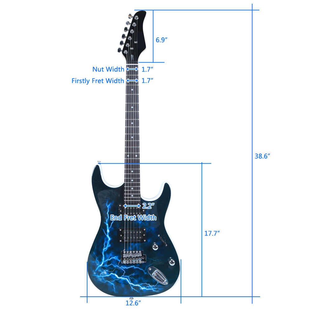 Blue Lightning Style Electric Guitar 6-Strings w/Power Cord/Strap/Bag/Plectrums