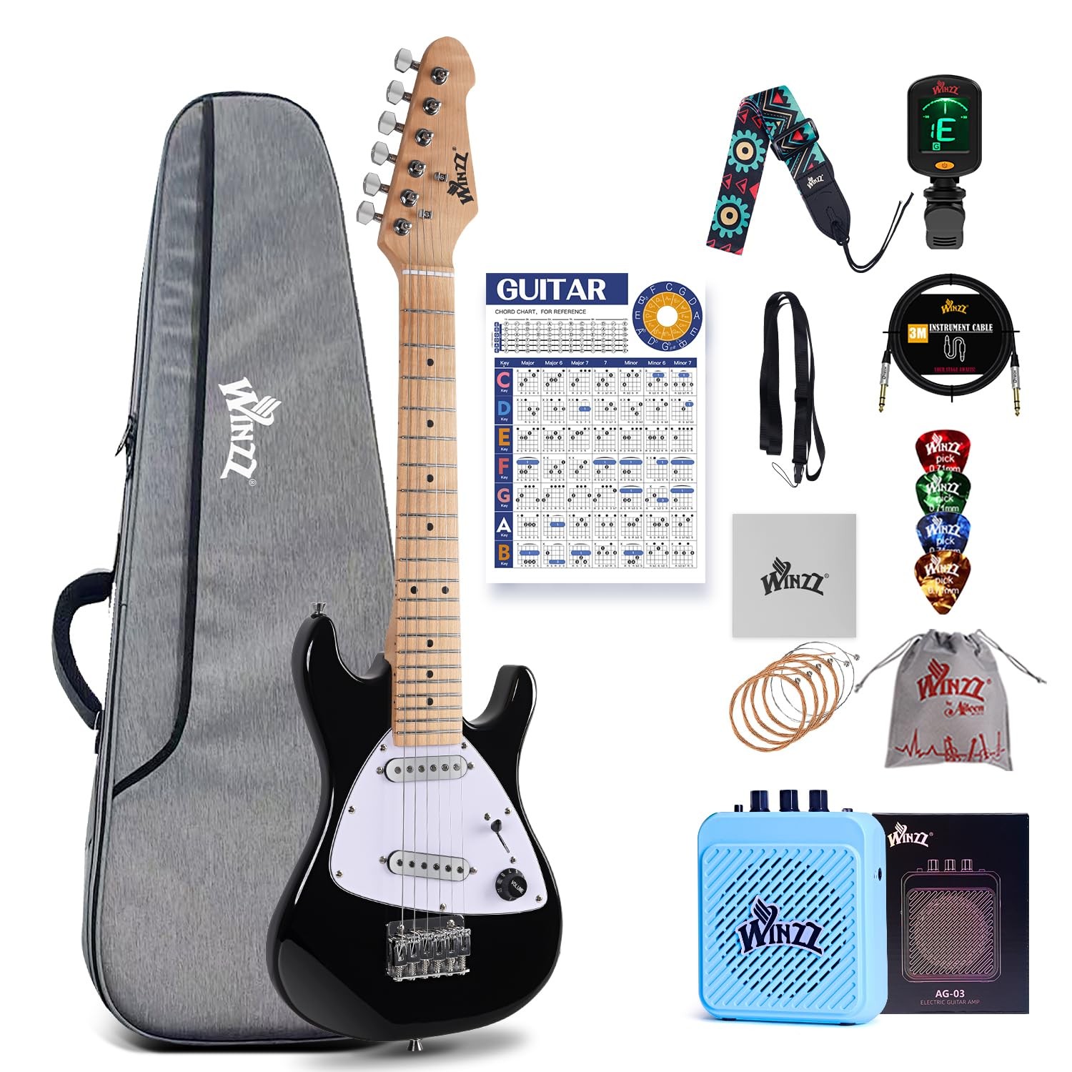 Winzz 30 Inch Kids Electric Guitar Beginner Kit, Junior 1/4 30 inches, black