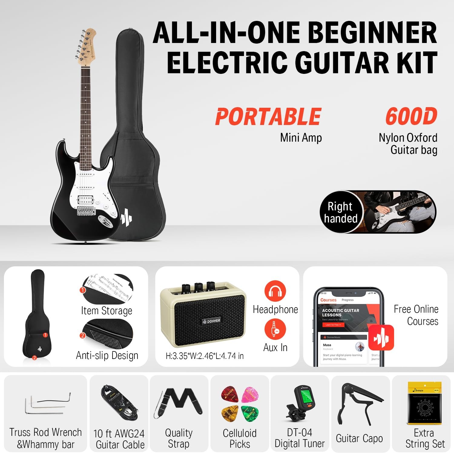 Donner DST-100B Beginner Electric Guitar Set, ST Type, SSH Pickup Layout, 39-inc