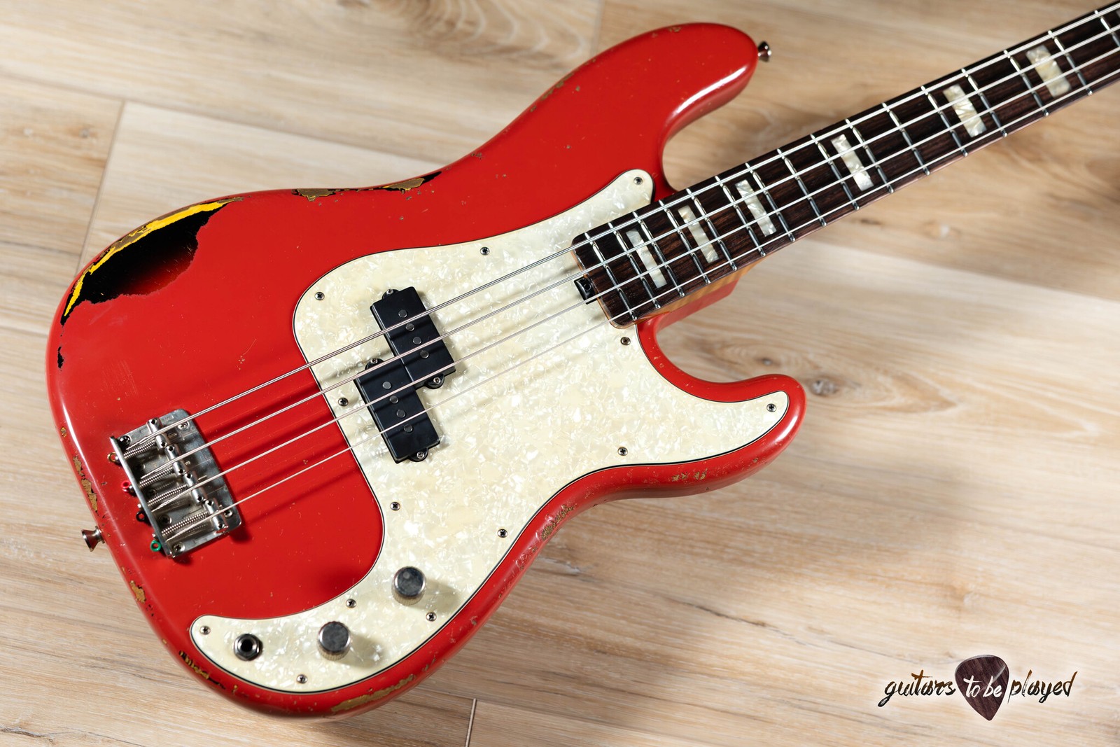 Shabat Panther P-Bass w/ Roasted Flame Maple & Rosewood – Fiesta Red over 3TSB