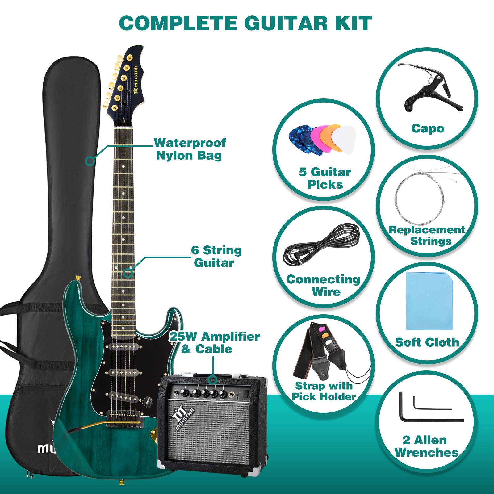 MUSTAR Green 39″ Electric Guitar 6 String for Beginner with 25W AMP+Bag Pack Kit