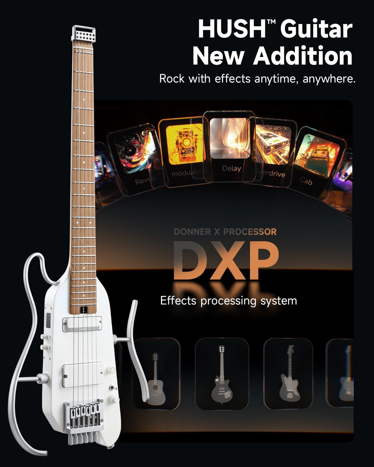 HUSH X PRO Electric Guitar Kit – Smart Travel Guitar with Dozens of Preset Combi