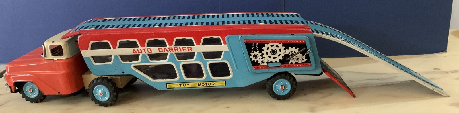 VINTAGE LARGE TIN TOY FRICTION T.n NOMURA TRUCK AUTO CARRIER TOY MOTOR JAPAN