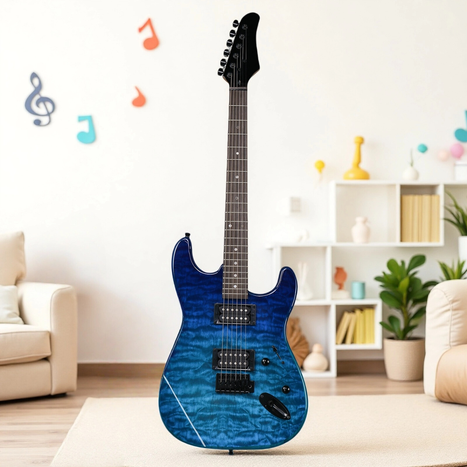 39″ Beginner S-Style Electric Guitar Set – Tremolo Full Size HH Pickups Blue