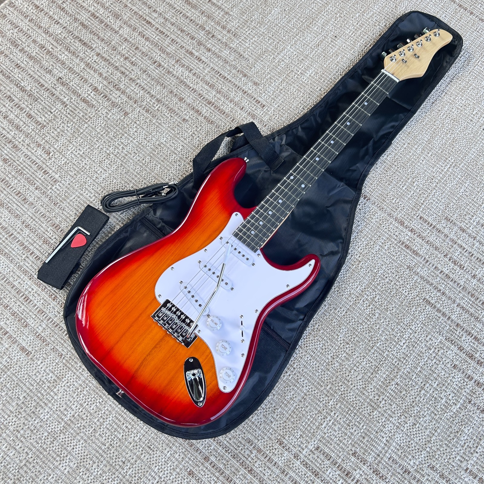 Cherry Sunburst Electric Guitar Package with Gig Bag, S-S-S Pickups, Full-Size