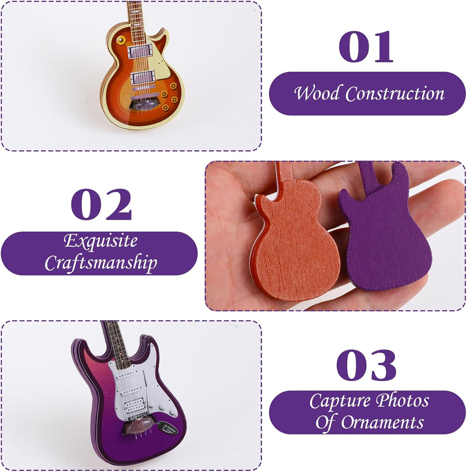 4Pcs Mini Electric Guitar & Bass Guitar Ornament, 1:12 Scale Wooden Miniature Mu