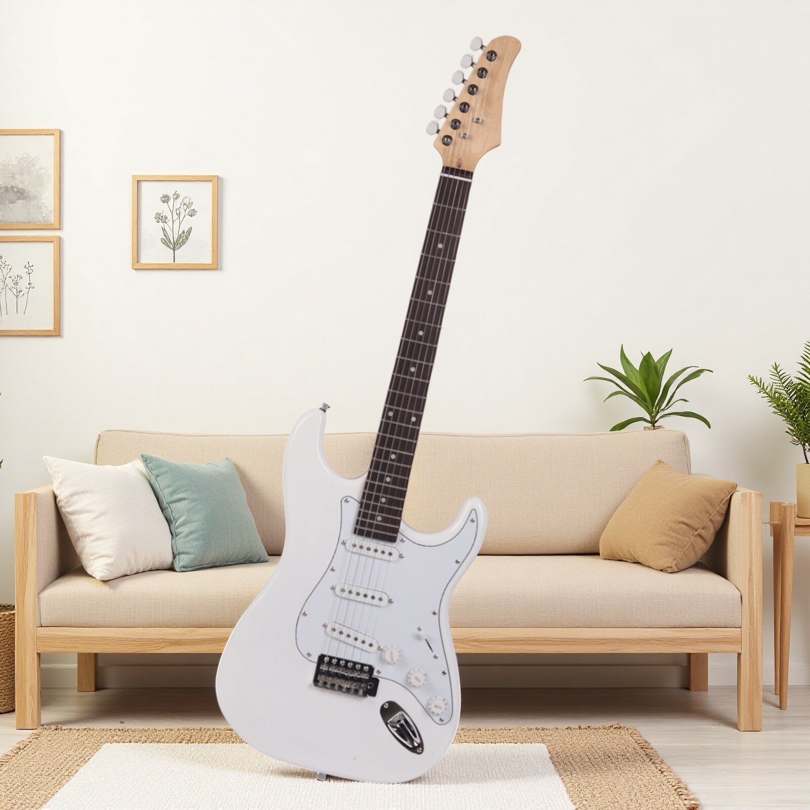 39″ Beginner S-Style Electric Guitar Set – Tremolo Full Size SSS-Pickups White