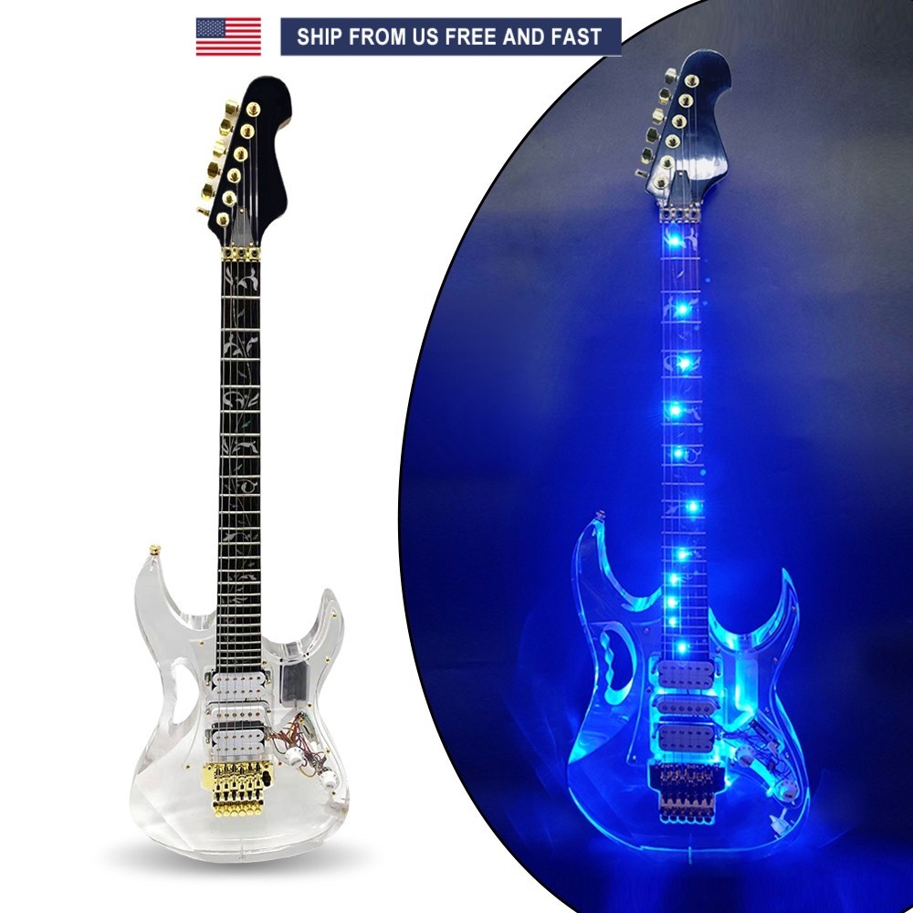 Electric Guitar Maple Acrylic Body Crystal Guitar Blue LED Light Transparent