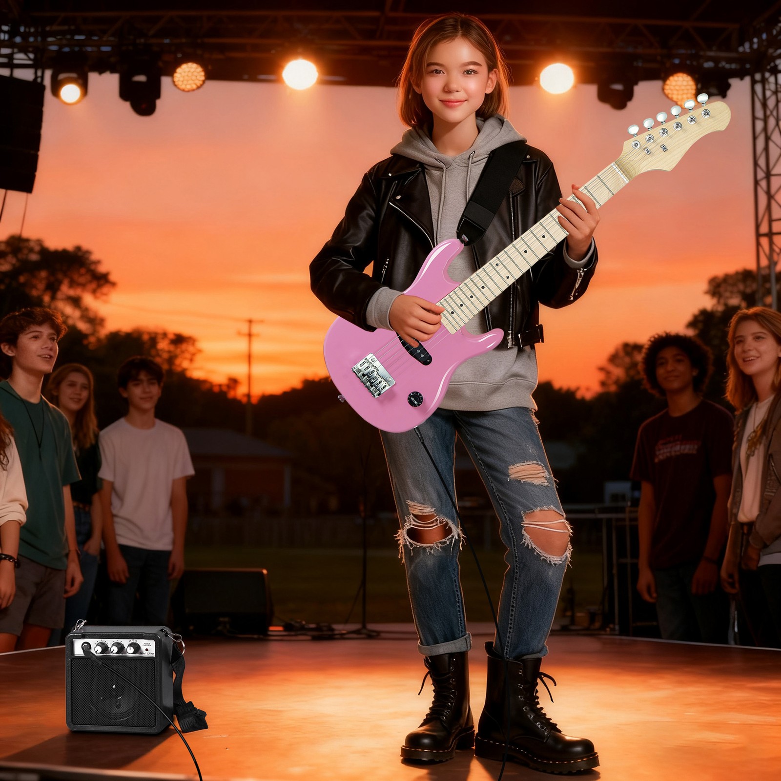 Pink 30″ Kids Child with 5 Watt Amp Gig Bag Case Electric Guitar 6 String
