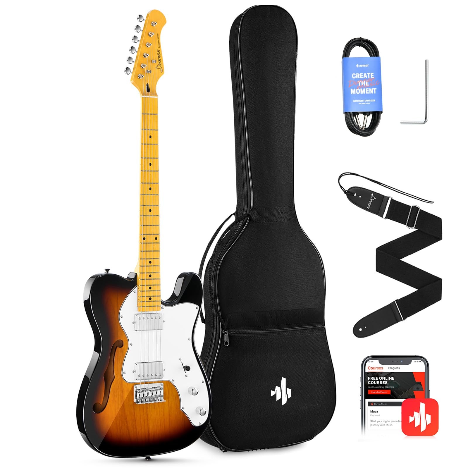 Donner 39 Inch Jazz Electric Guitar TL Thinline F Hole Beginner Full Size Hol…