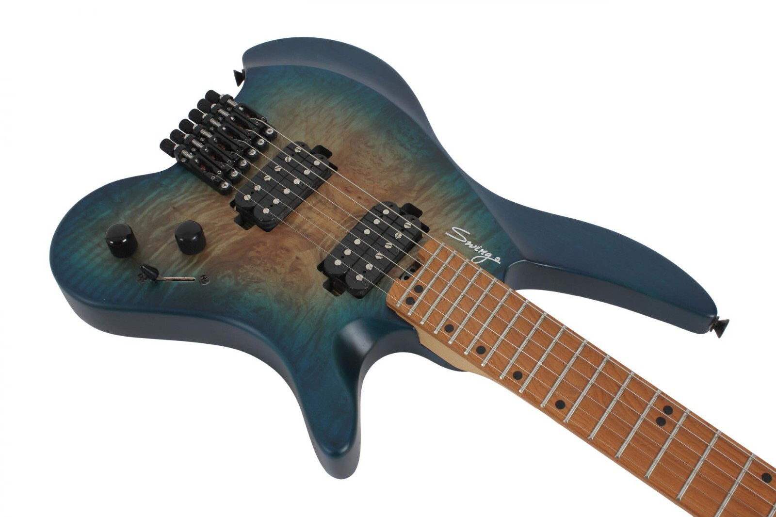 Swing UV-1F Matte Blue Burst Headless Electric Guitar Burl Top Fan Fret