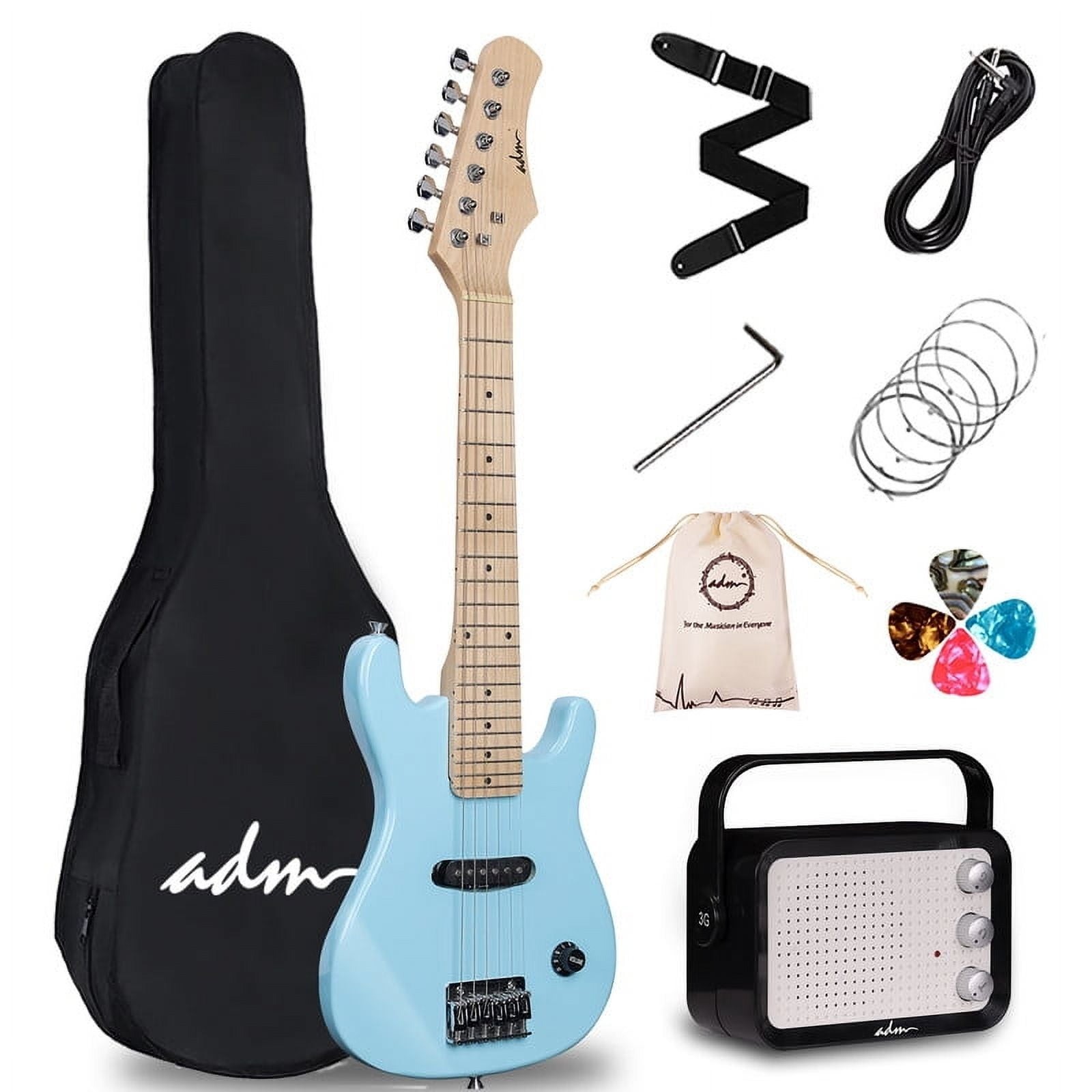 ADM EJC301-LBL 30″ Kids Electric Guitar Beginner Kit, 1/4 Size Mini w/Amplifier,