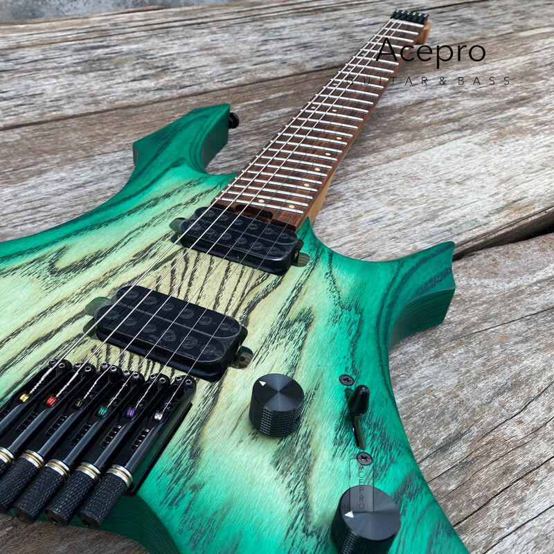 Green Burst Headless Electric Guitar Jumbo Stainless Steel Oblique Fret Ash Body