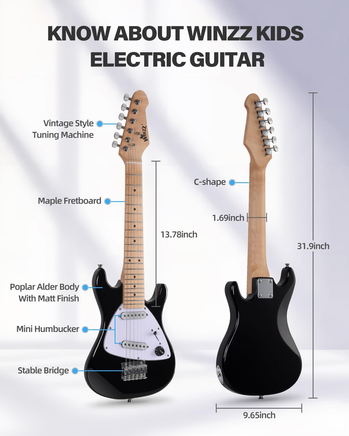 Winzz 30 Inch Kids Electric Guitar Beginner Kit, Junior 1/4 30 inches, black