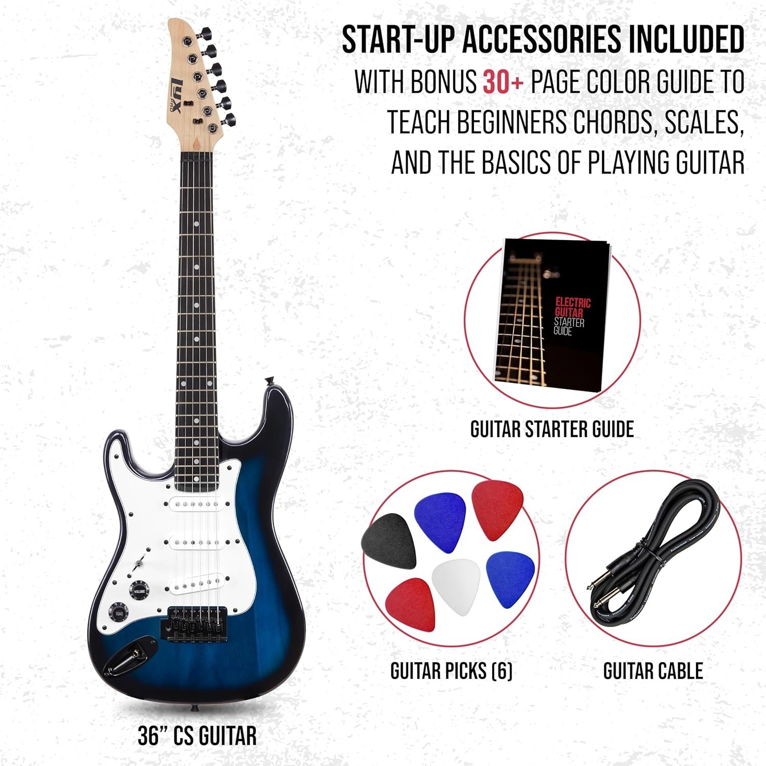 LyxPro CS 36in Left Hand Electric Guitar Kit Amp Cable 6 Picks Guide Blue