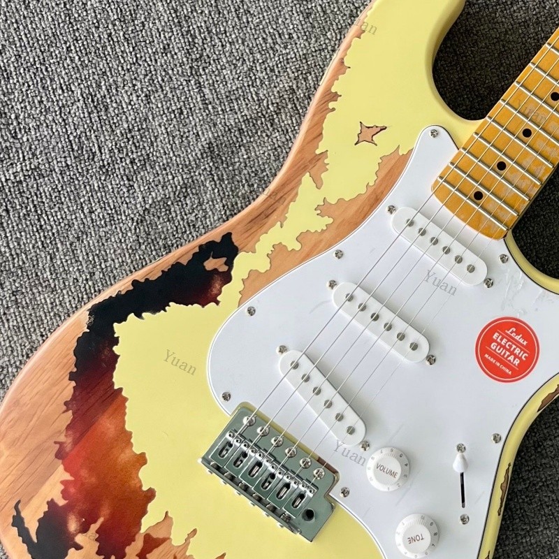 21 Frets Solid Electric Guitar Aged 3TS Cream Yellow Maple Fretboard SSS Pickups