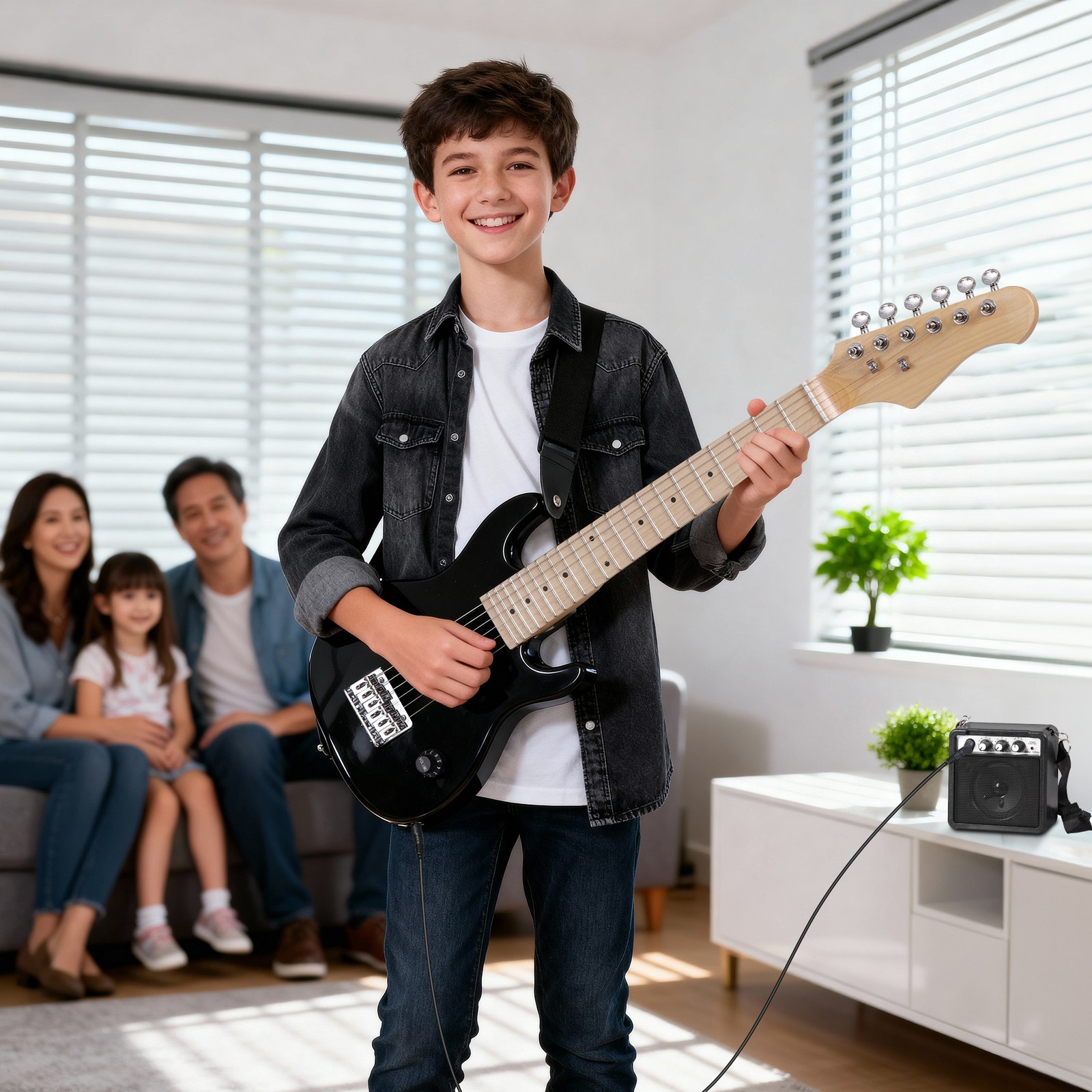 30″ Electric Guitar Kids Guitar w/ 5w Amplifier & Accessory Kit Wood Body Black
