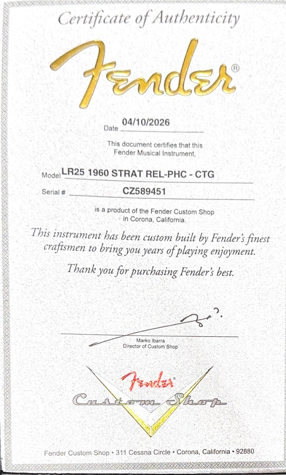 Fender Custom Shop 1960 Stratocaster Relic – Candy Tangerine #89451