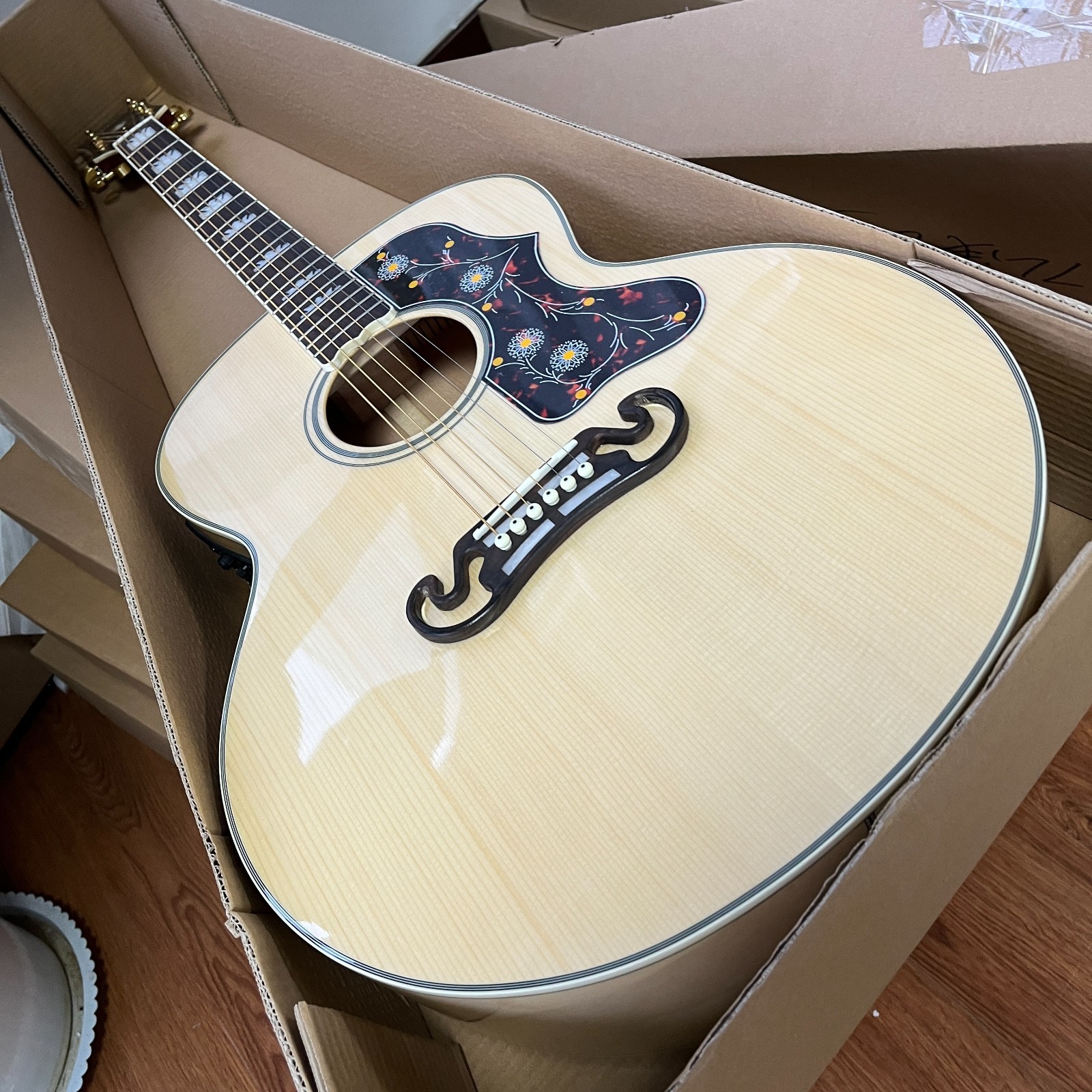 Ship US Natural Solid Spruce J200 Jumbo Acoustic Guitar Floral Flower Tortoise