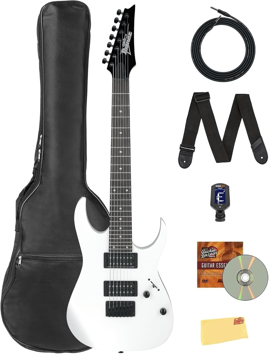 RG Gio 7-String Electric Guitar – White Bundle with Gig Bag, Tuner, Strap, In…