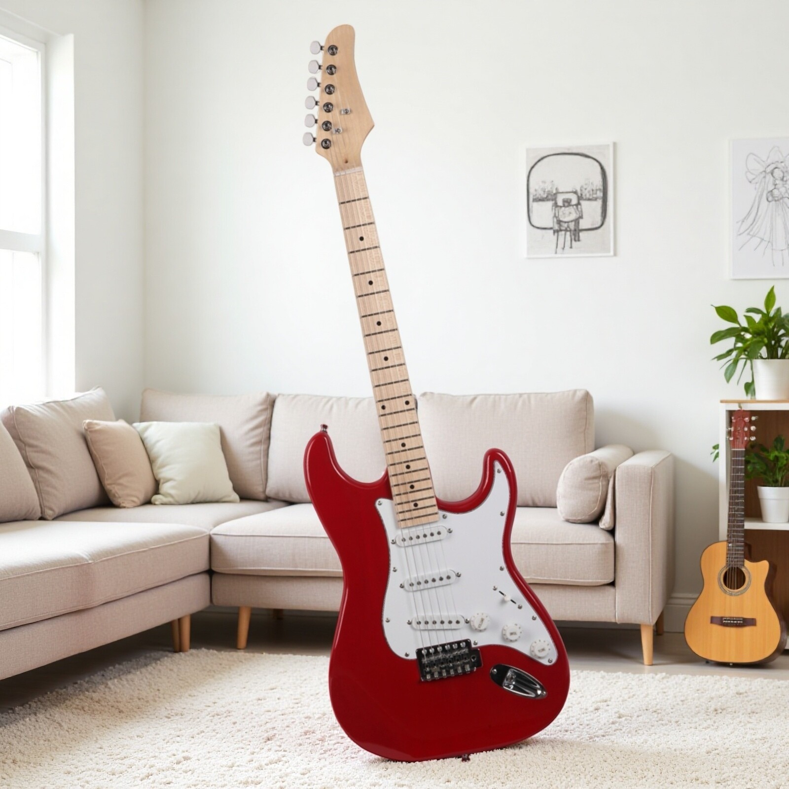ST-Style Electric Guitar Set – SSS Pickups, Basswood, Maple Neck, Red Finish