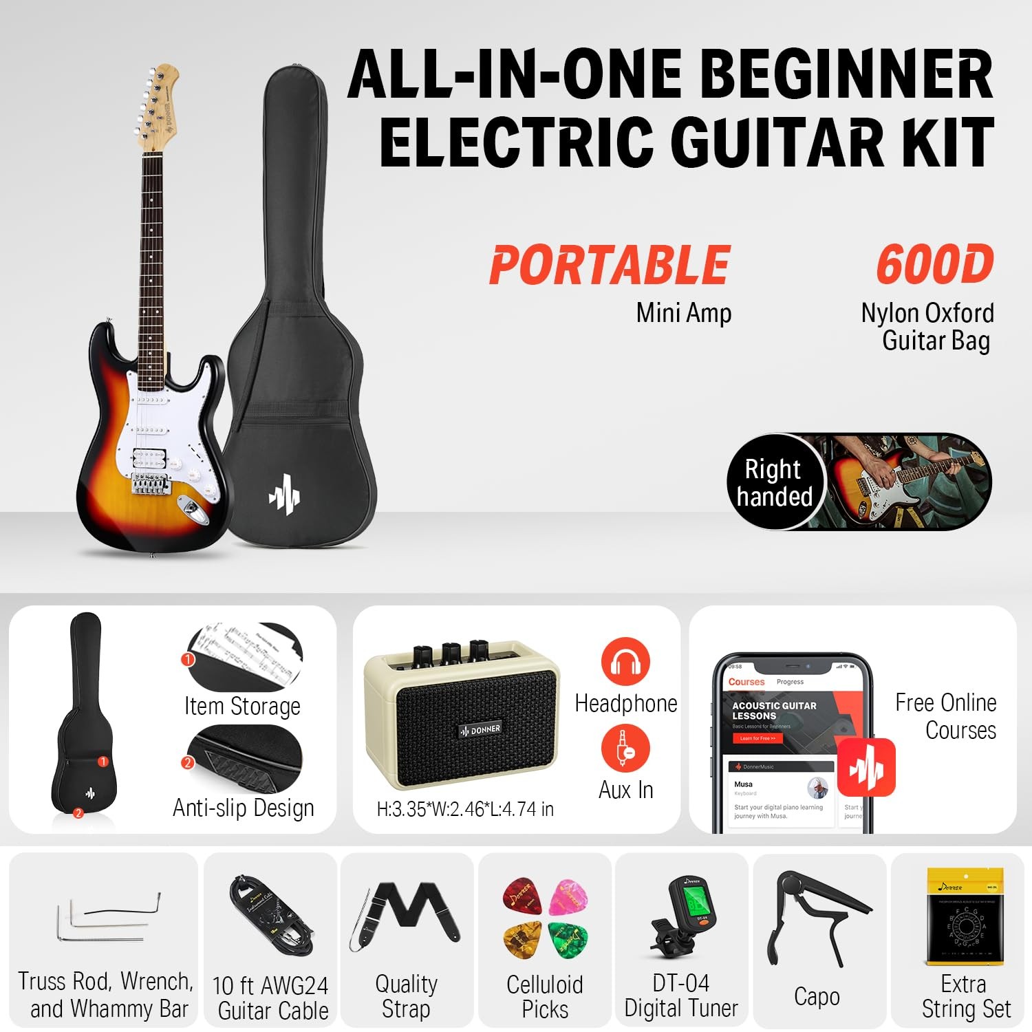 Donner DST-100S 39 Inch Full Size Electric 39 Right Handed, Sunburst