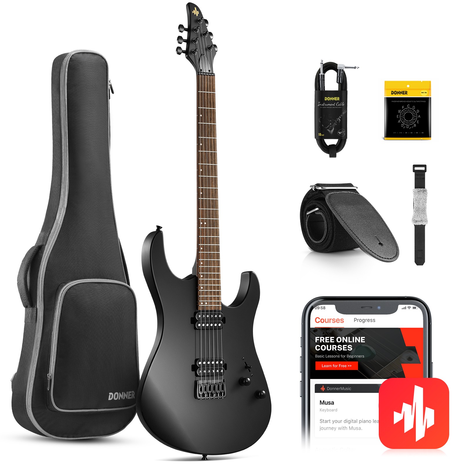 🎸 Donner DMT-100 Electric Guitar 24 Fret HH Pickup With Gig Bag Cable Strap