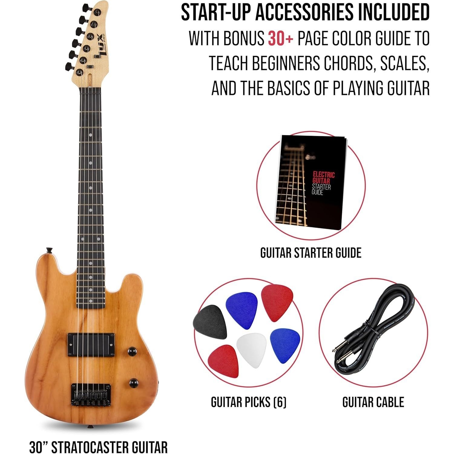 LyxPro CS 30in Electric Guitar Kit Amp Cable 6 Picks Guide Beginner Natural