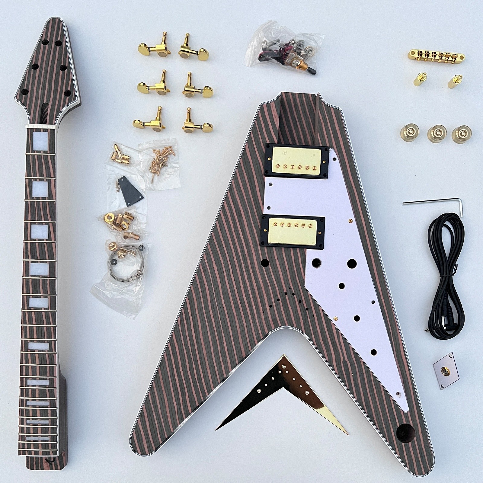 DIY Electric Guitar Kits Set In Zebrawood Unfinished V shape Bridges Free Ship