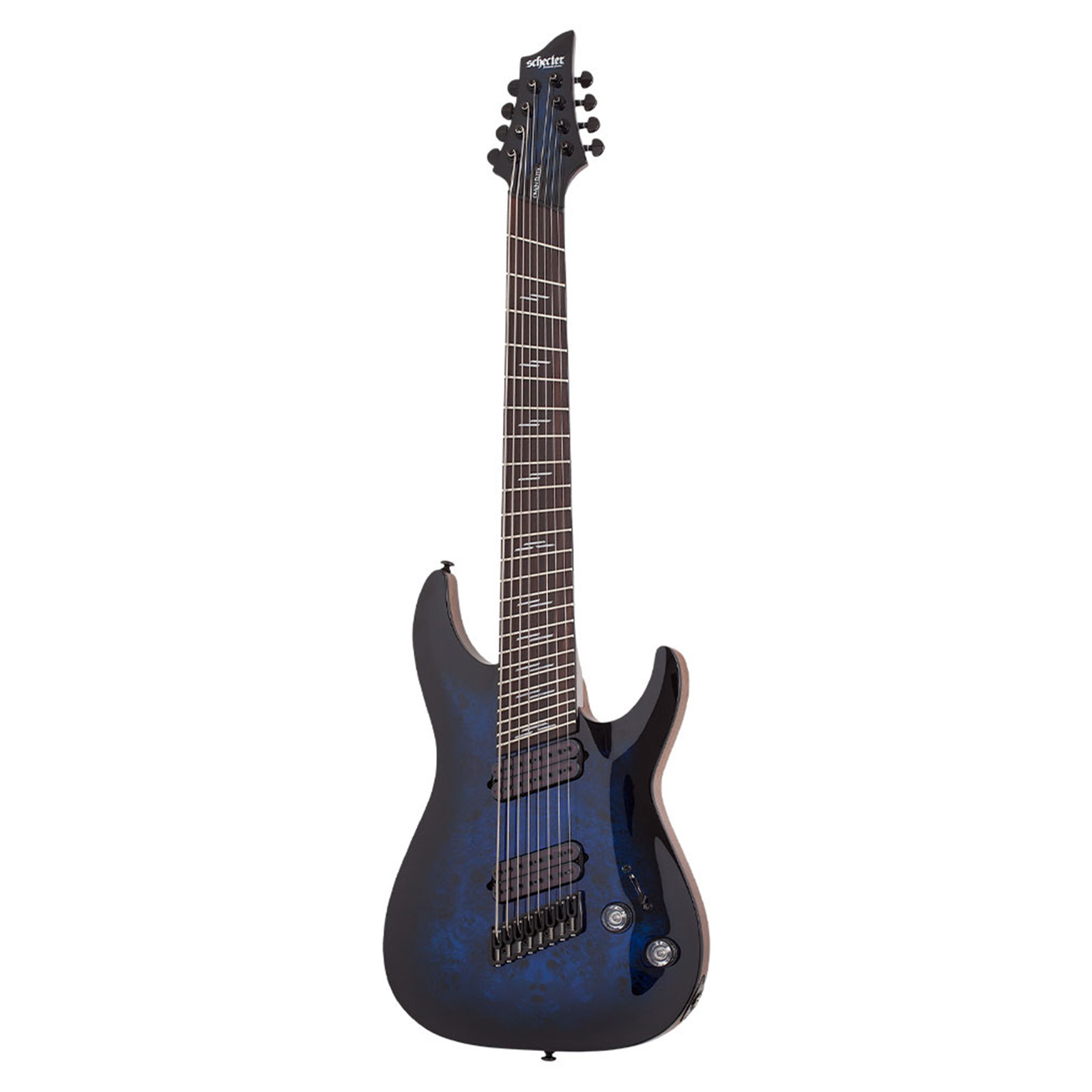 Schecter Omen Elite-8 8-String Multiscale Guitar – See-Thru Blue Burst