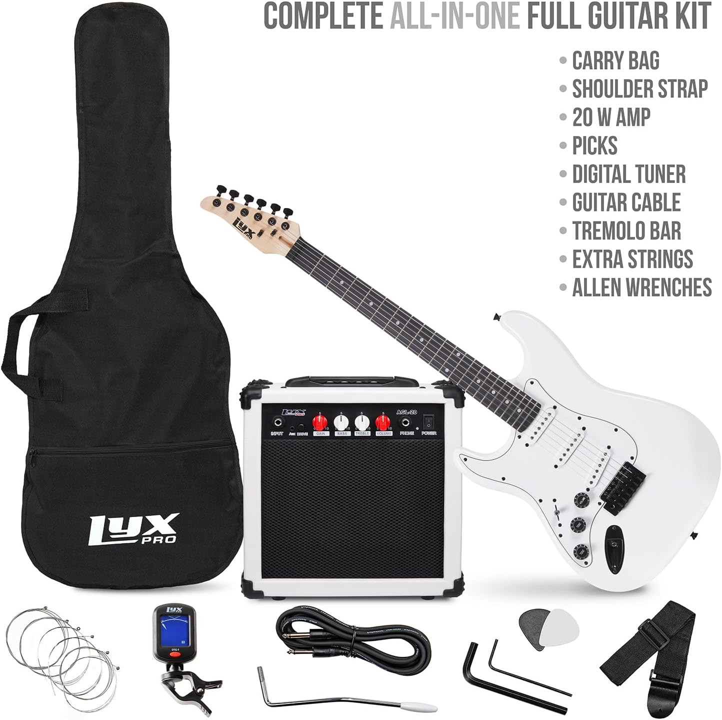 LyxPro Left Hand 39in Electric Guitar Starter Kit White Amp Case Tuner Picks