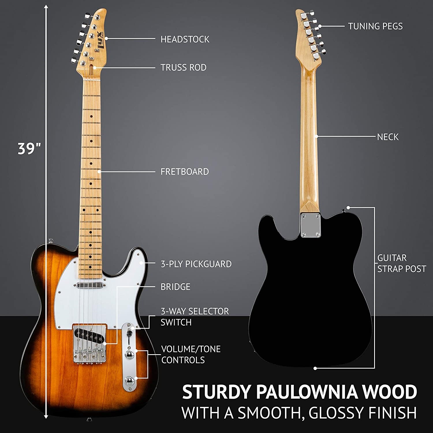LyxPro 39″ Telecaster Style Electric Guitar, Full-Size Paulownia Body, Sunburst