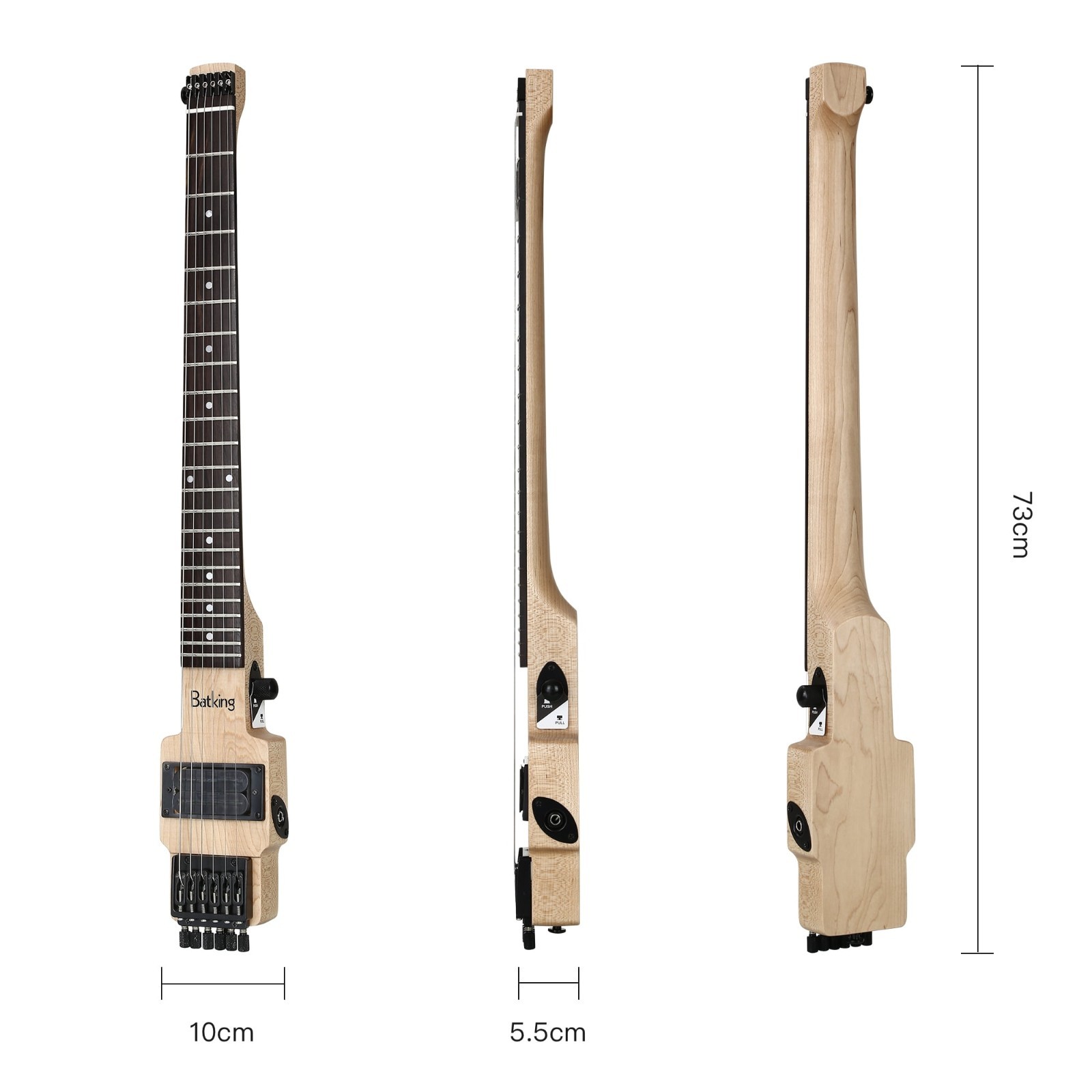 Batking Travel Guitar Electric Headless Guitar Brass Natural Fix Bridge W/Gigbag