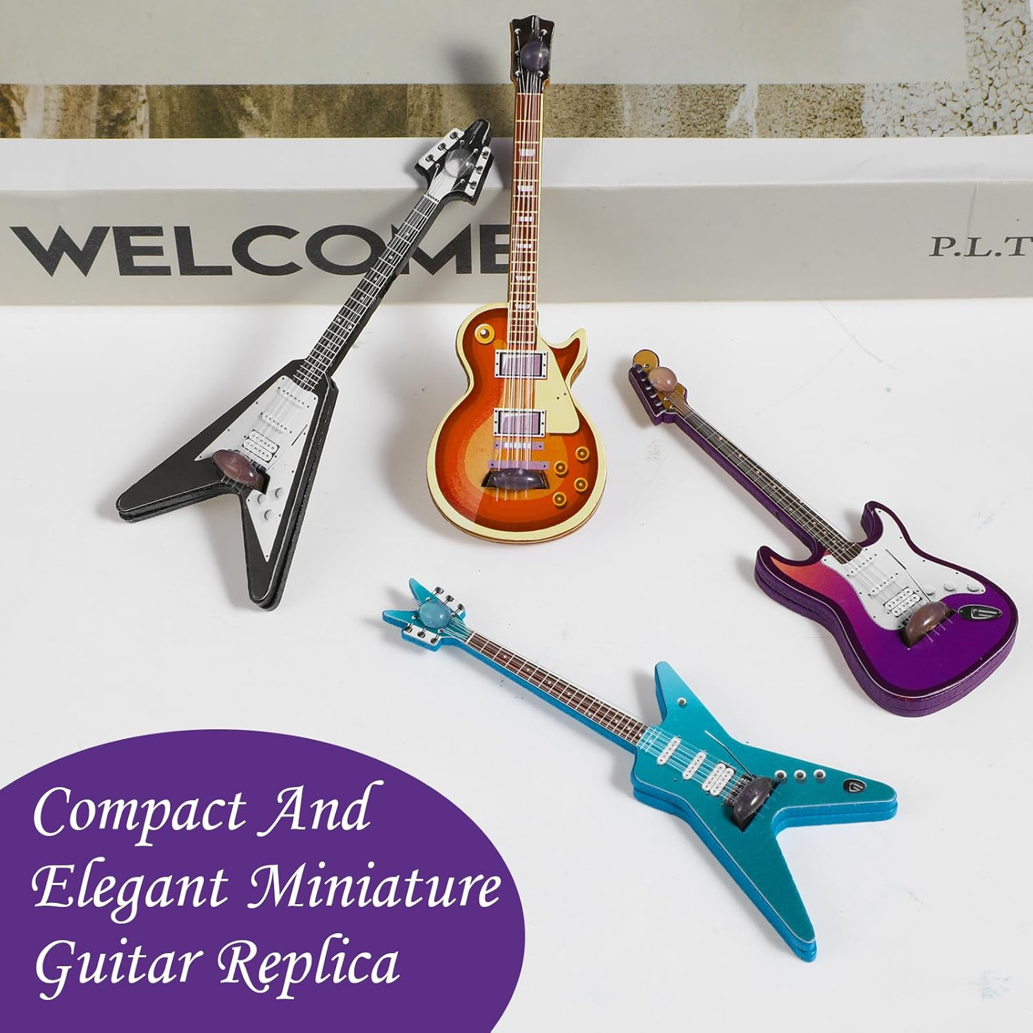 4Pcs Mini Electric Guitar & Bass Guitar Ornament, 1:12 Scale Wooden Miniature Mu