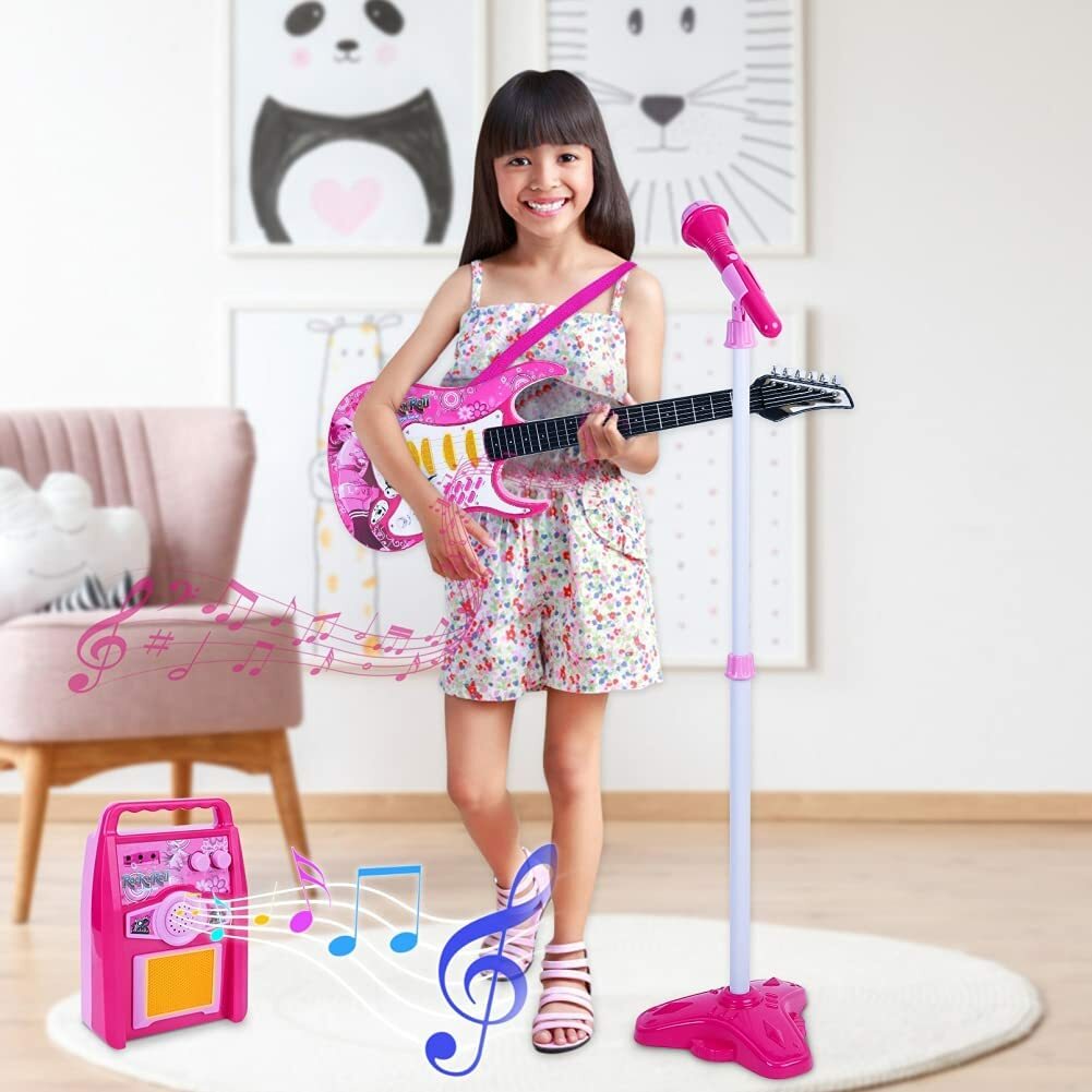 Kids Pink Karaoke Electric Guitar Set MP3 Player Learning Toys Microphone, Amp