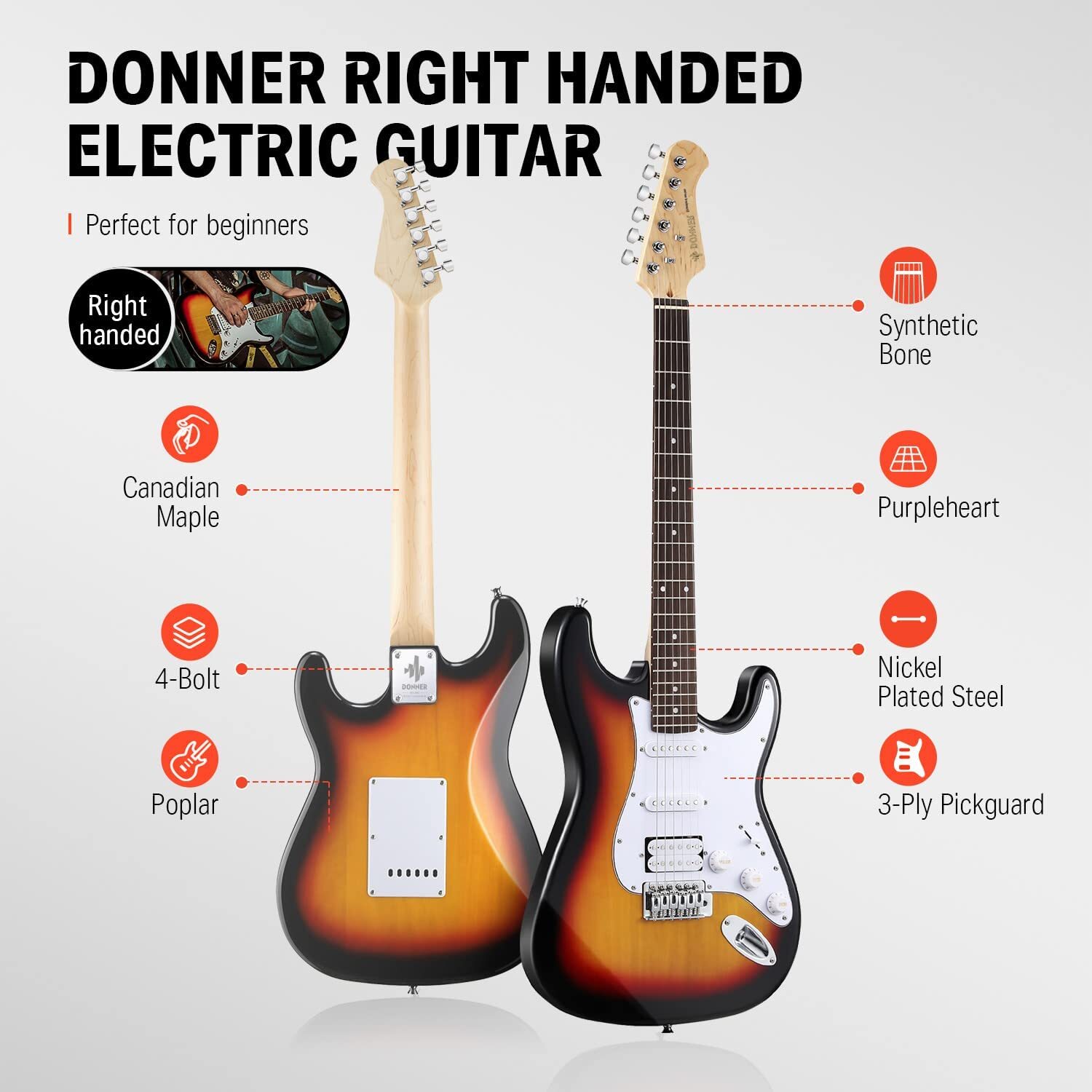 🎸 Donner DST-100 Electric Guitar With Gig Bag Amplifier HSS Pickups Solid Wood