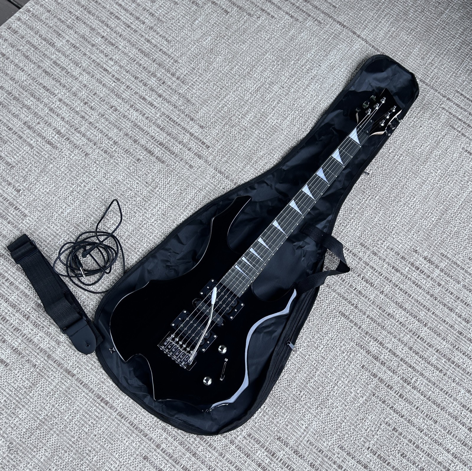 Full-Size Black Electric Guitar 24-Frets, Sawtooth Inlays, HSH Pickups, Gig Bag