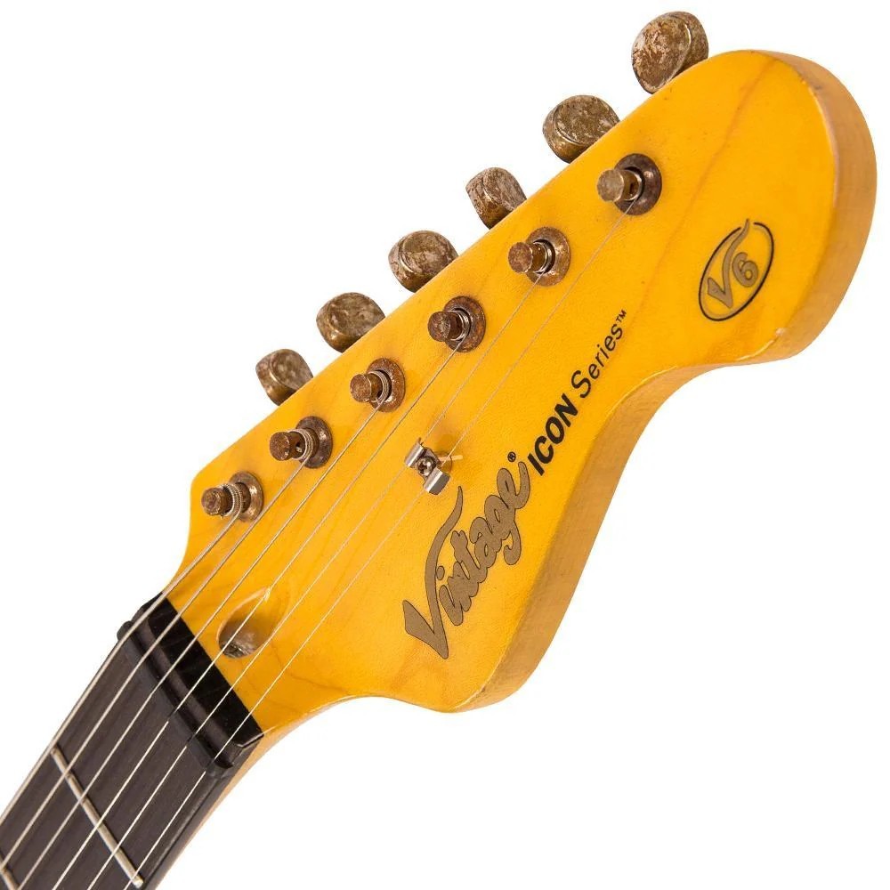 Vintage V6H ICON HSS Electric Guitar, Ultra-Gloss Distressed Laguna Blue