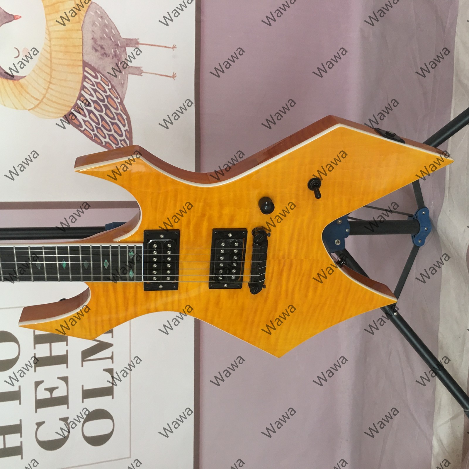 Amber Flamed Maple Finish Electric Guitar Abalone Inlay Dual Humbuckers