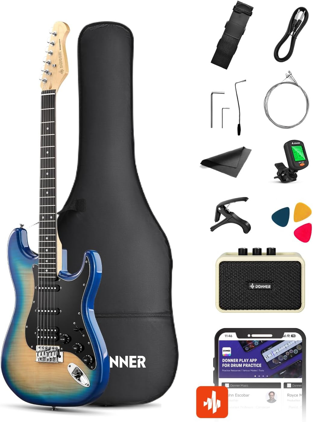 Donner DST-90 Electric Guitar, 39″ Full Size Beginner Electric Guitar Kit with A