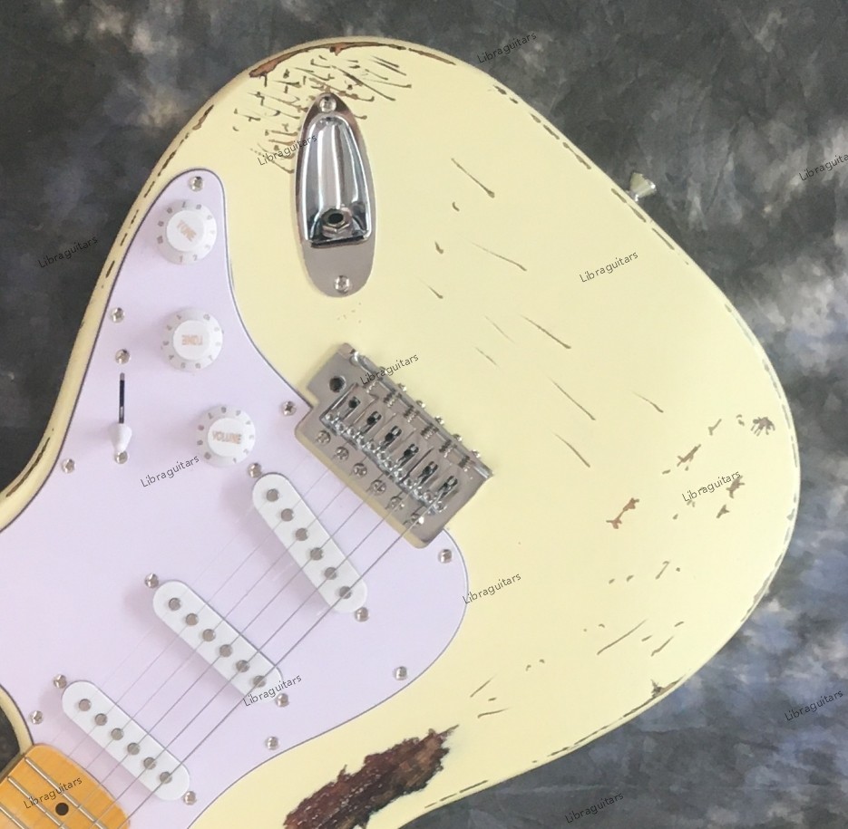 Vintage Aged Electric Guitar Tremolo Bridge SSS Pickups Chrome Hardware White