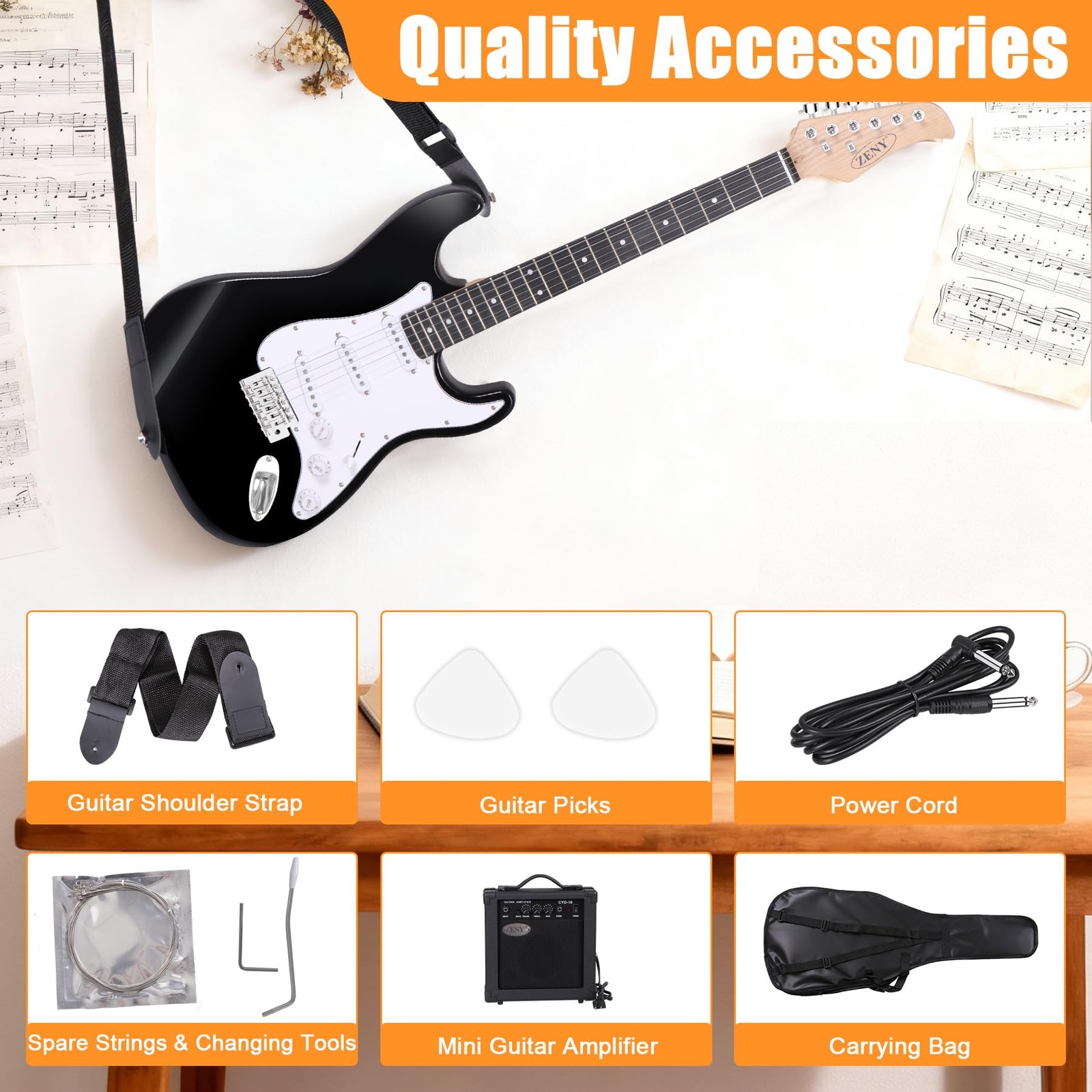 ZENY 39in Full Size Electric Guitar with 10W Amp, Case and 39″, Black