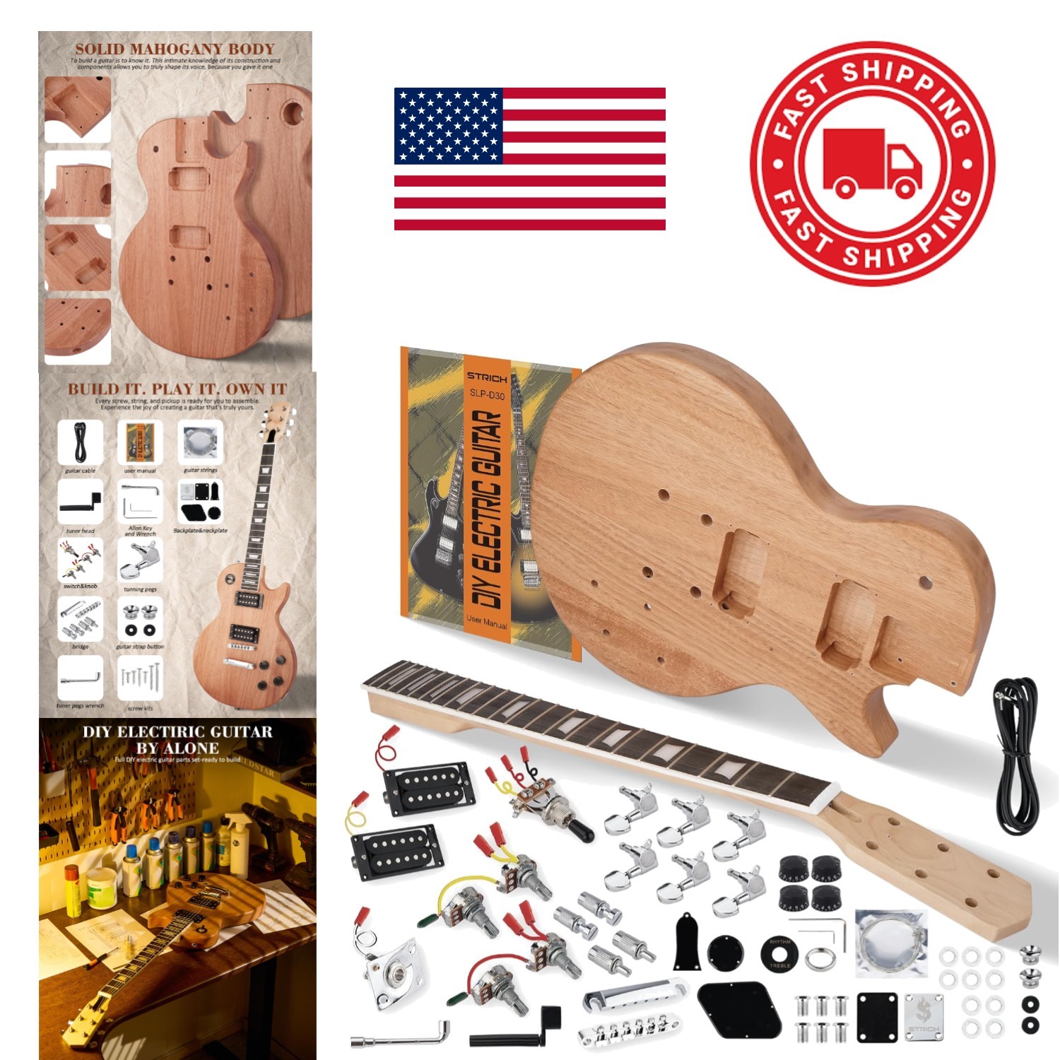 Natural Finish Electric Guitar Kit with Maple Neck and Poplar Body for Beginners
