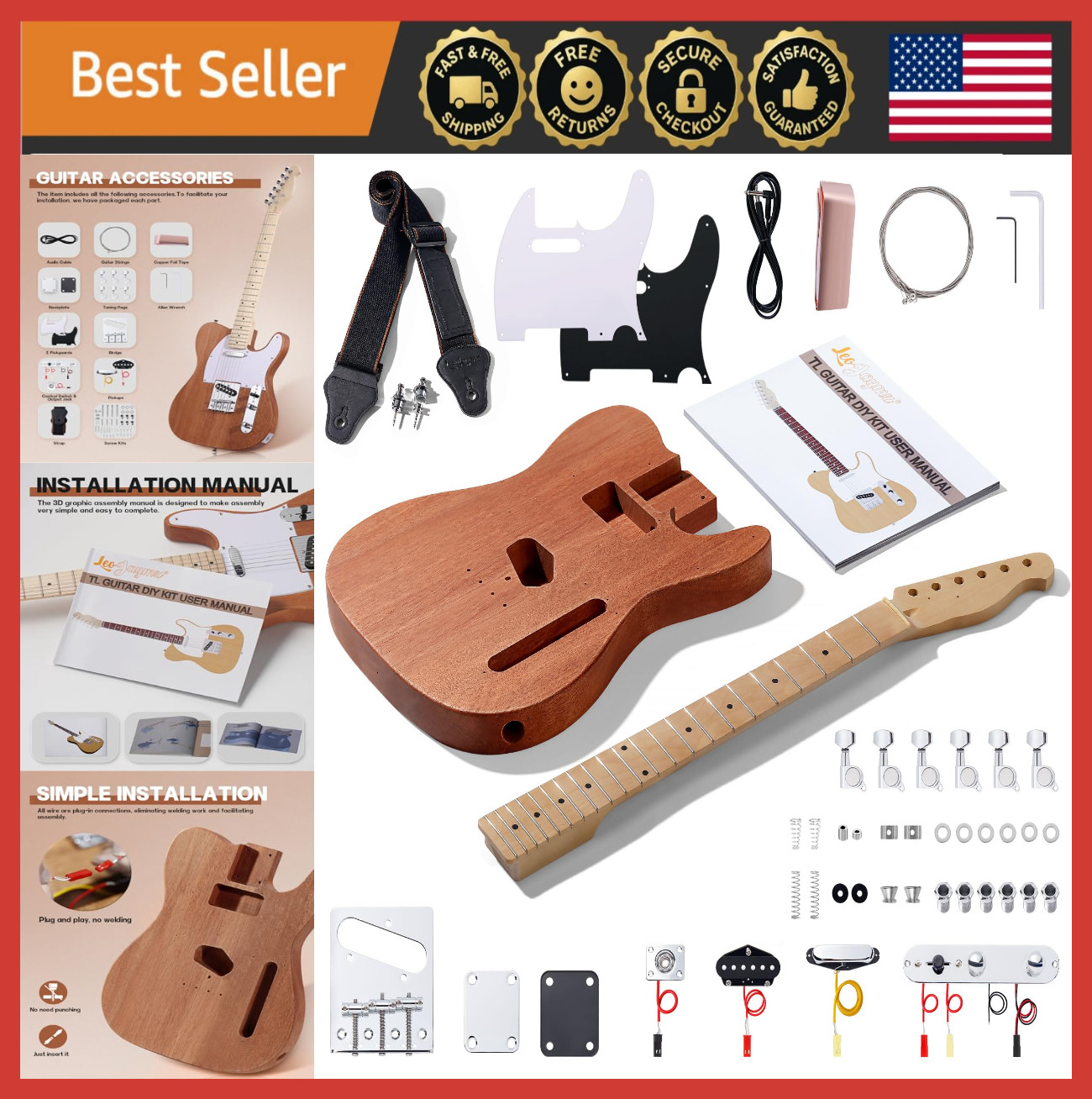 DIY TL Style Electric Guitar Kit, Mahogany Body, Maple Neck, Complete Set