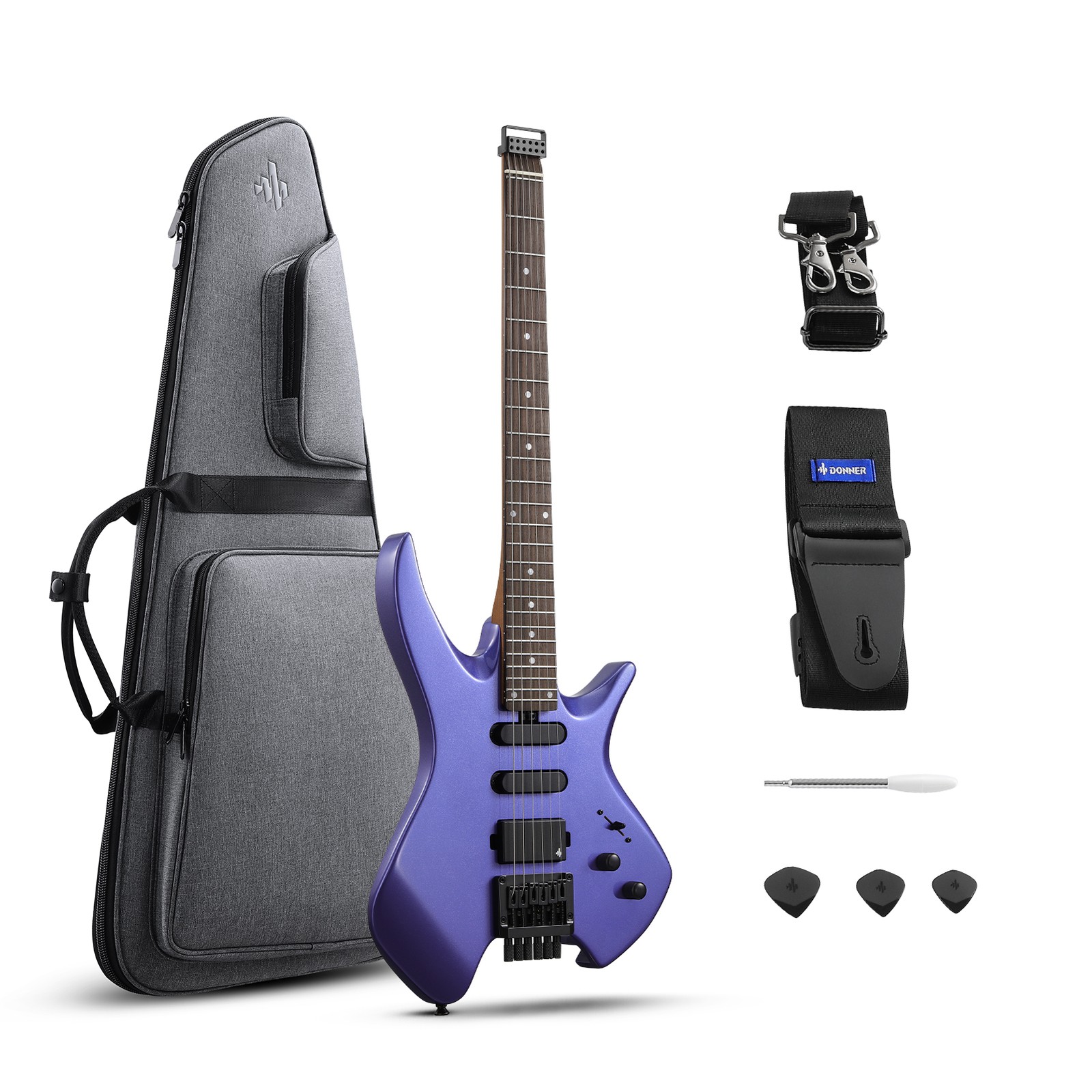 Donner HLX-500 – Purple HSS Headless Electric Guitar for Studio Recording Purple