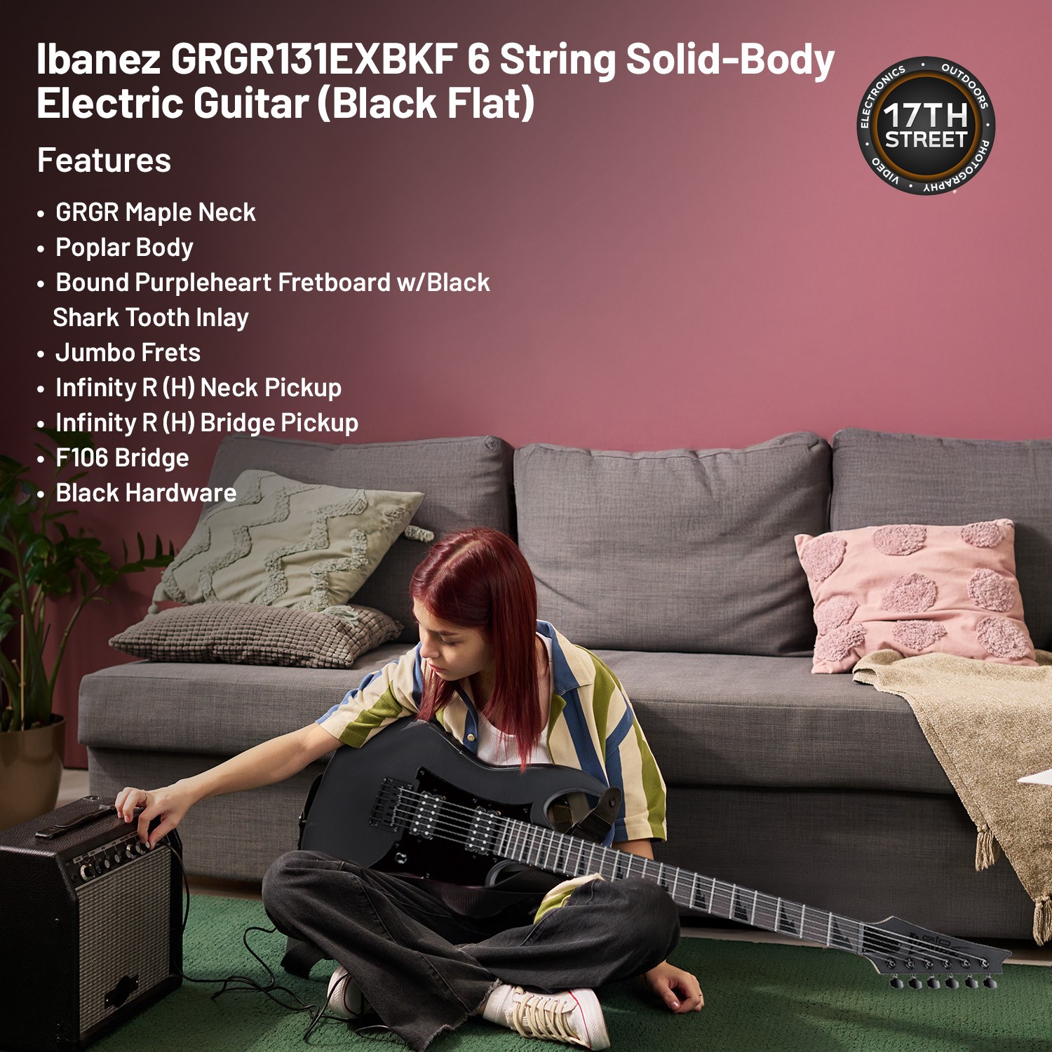 Ibanez 6-String Solid-Body Electric Black Flat Guitar, Full Right Handed Bundle
