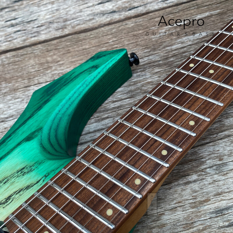 Green Burst Headless Electric Guitar Jumbo Stainless Steel Oblique Fret Ash Body