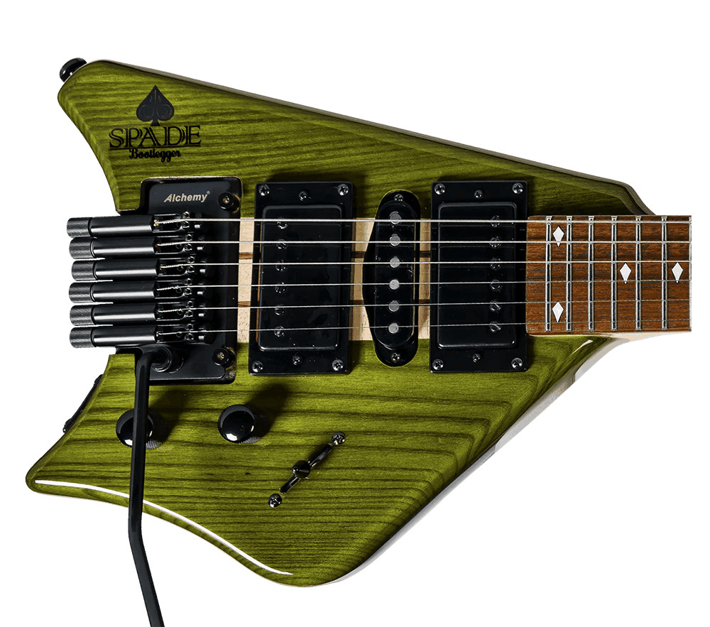 Bootlegger Guitar Spade Green Headless HSH, Floating Tremolo With Stiletto Case