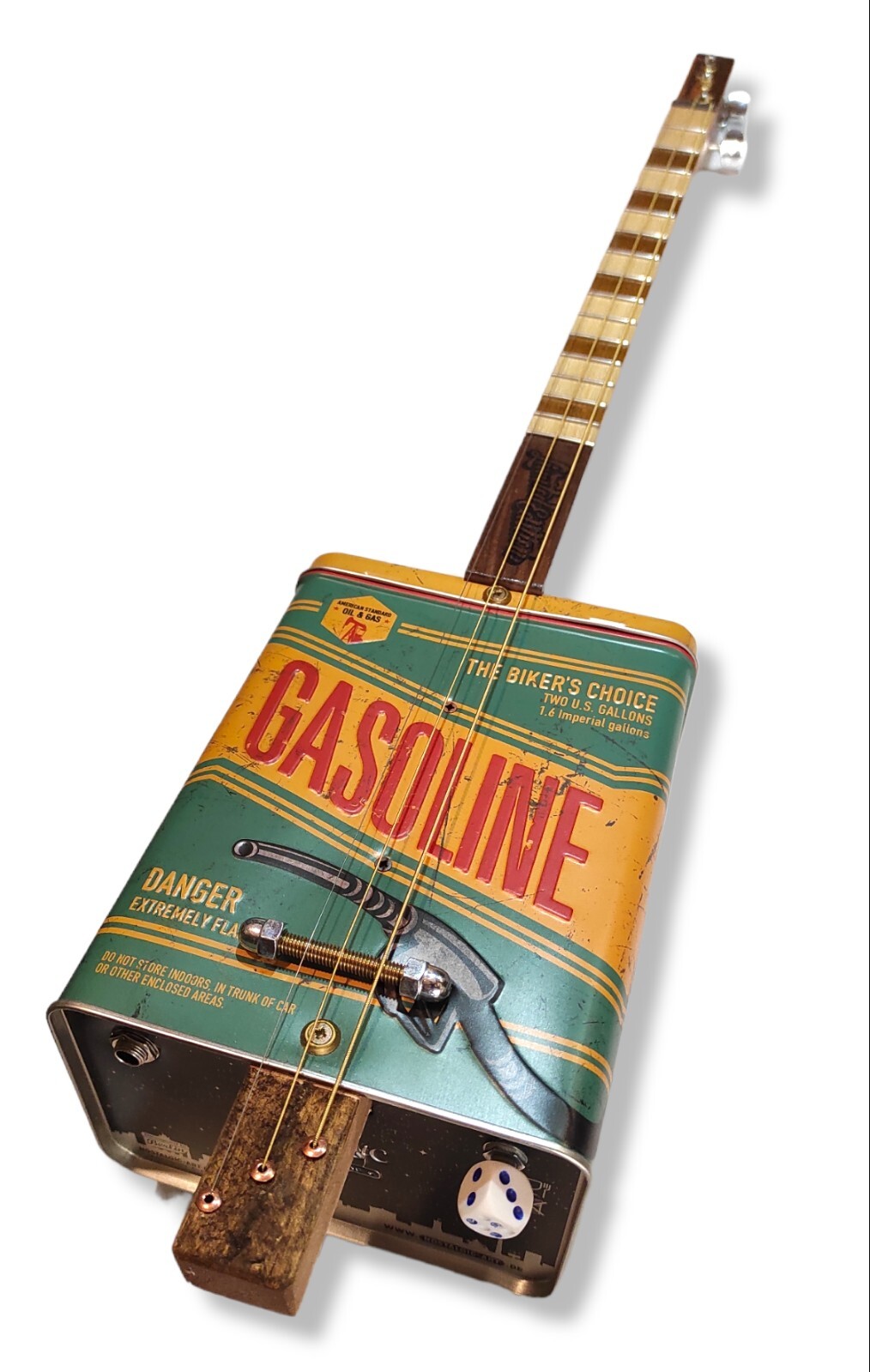 Tin can Gasoline Mancina left handed cigar box guitar Matteacci’s