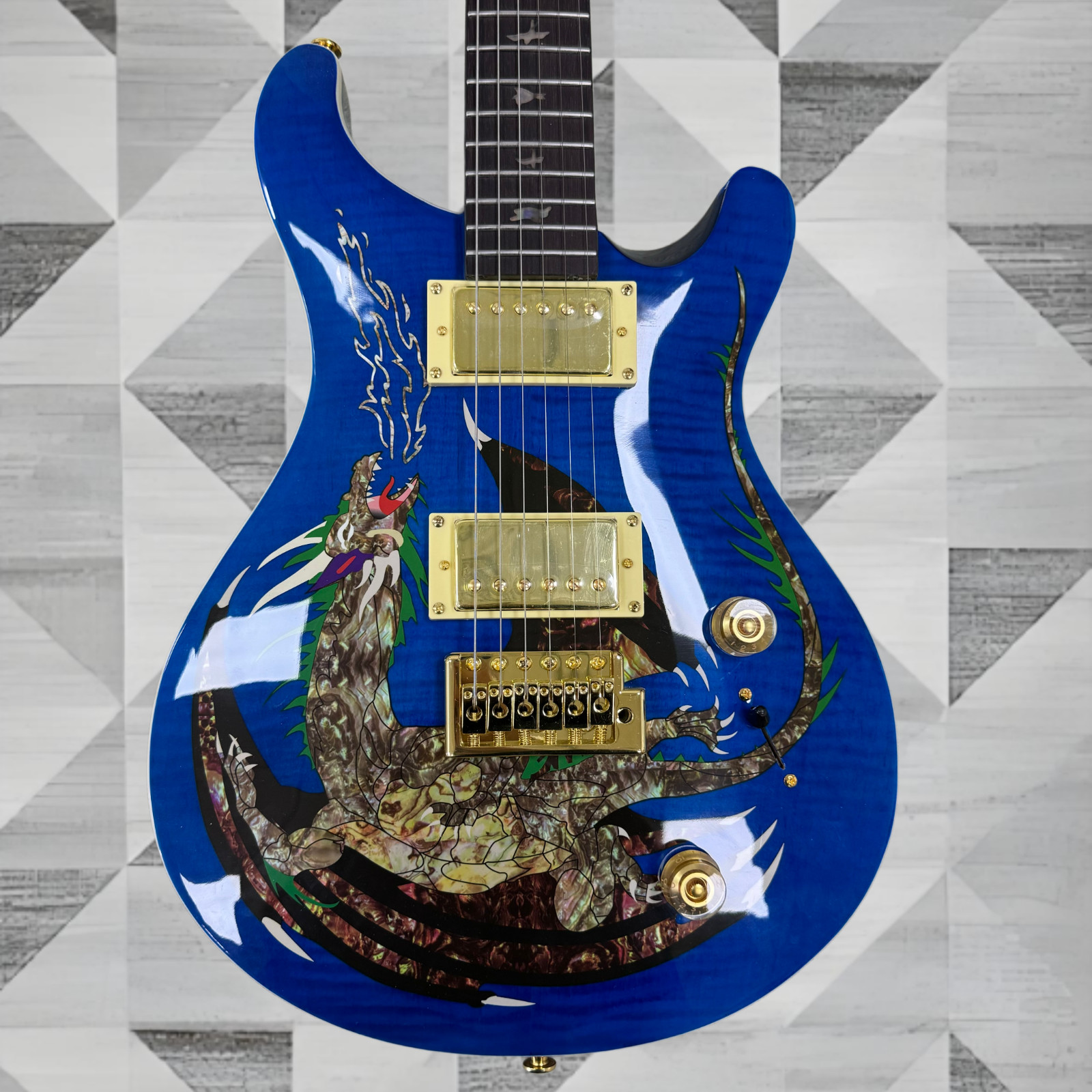 US Ship Metallic Blue Electric Guitar Abalone Dragon Inlay Graphic Gold Hardware